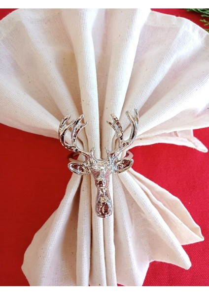 Tekno Trust 6 Adet Lux Gümüş Geyikli Peçete Halkası - Napkin Ring - Yılbaşı Süsü