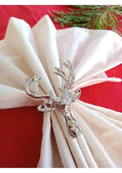 Tekno Trust 6 Adet Lux Gümüş Geyikli Peçete Halkası - Napkin Ring - Yılbaşı Süsü