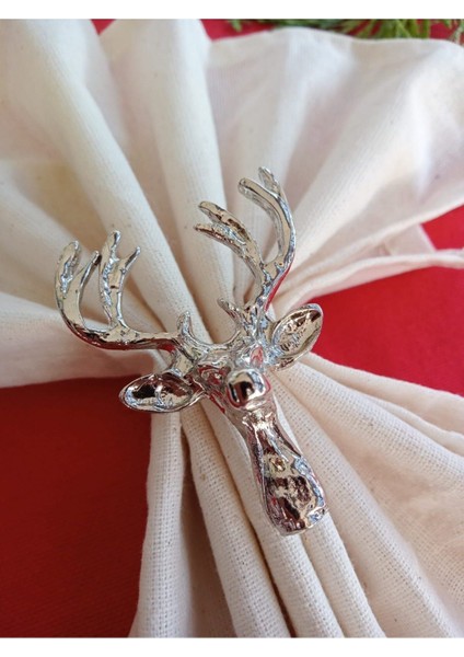 Tekno Trust 6 Adet Lux Gümüş Geyikli Peçete Halkası - Napkin Ring - Yılbaşı Süsü
