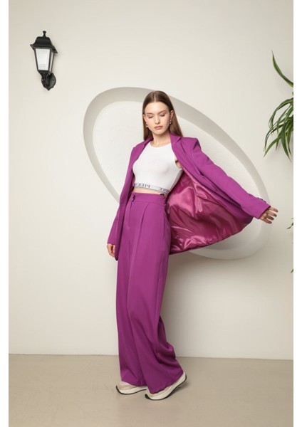Atlas Kumaş Kadın Oversize Ceket-Mor