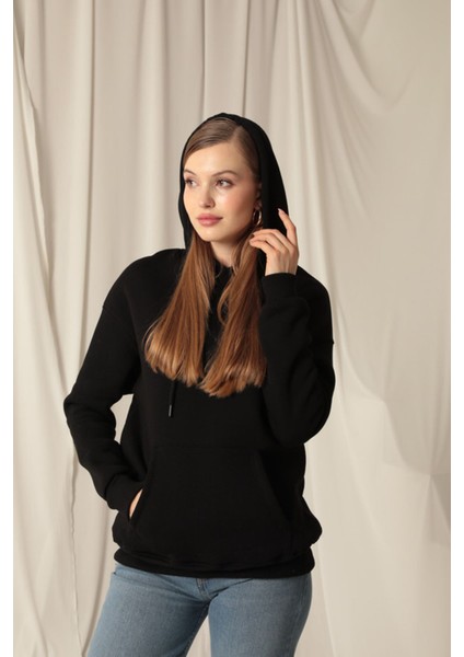 Üç Iplik Kanguru Cep Kapüşonlu Kadın Siyah Sweat indirimleri