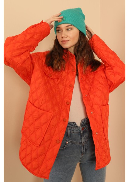 Kapitone Kumaş Çift Dikiş Desen Kadın Mont-Oranj