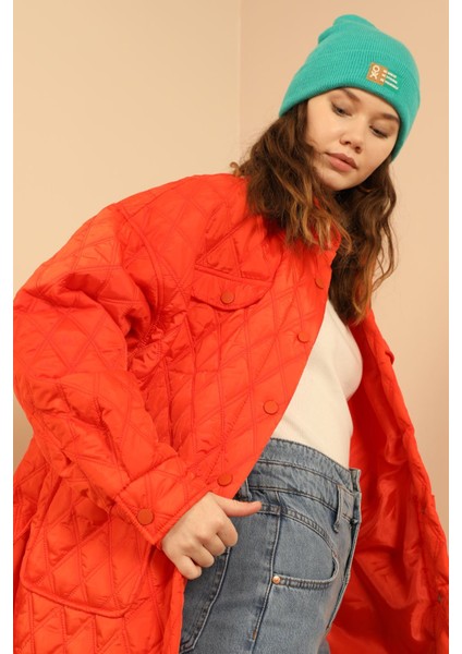 Kapitone Kumaş Çift Dikiş Desen Kadın Mont-Oranj