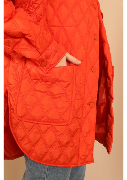 Kapitone Kumaş Çift Dikiş Desen Kadın Mont-Oranj