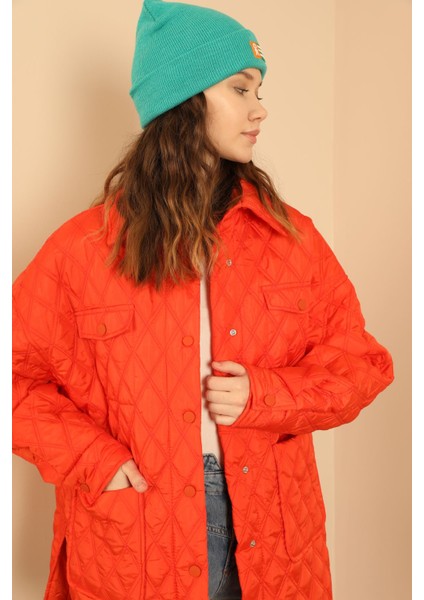 Kapitone Kumaş Çift Dikiş Desen Kadın Mont-Oranj