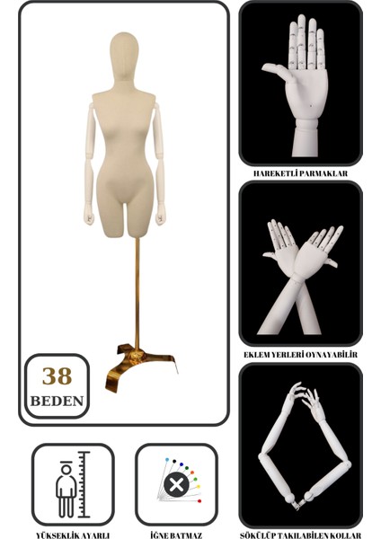 38 Beden Gold Ayaklı Pantolon Giyebilen Terzi Mankeni Vitrin Mankeni Prova Mankeni