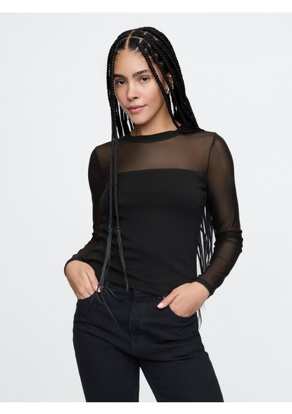 Kadın Siyah Modern Mesh Bluz
