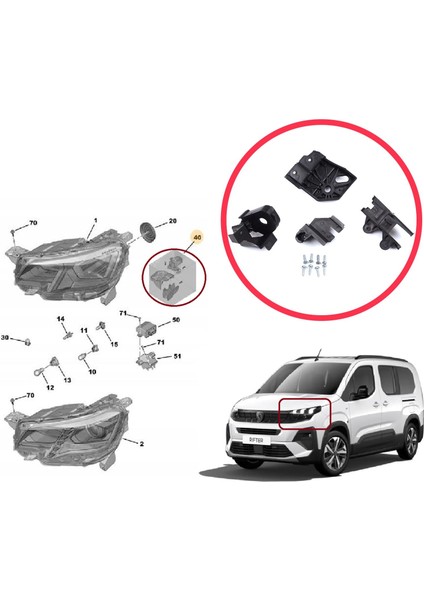 BHL578-1 Peugeot Rifter Partner K9 2018-ON 9824199280 Için Sol Ön Far Ayak Tamir Seti modelleri