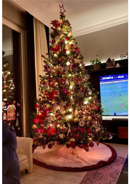 Peluş Ekose Yılbaşı Ağacı Örtüsü Yılbaşı Çam Ağacı Örtüsü Kırık Beyaz Ekoseli 120 cm Çaplı indirimleri