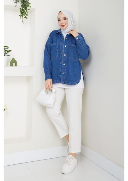 Kadın Oversize Mavi Denim Kot Gömlek Ceket -PMK374