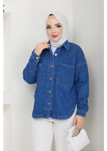 Kadın Oversize Mavi Denim Kot Gömlek Ceket -PMK374