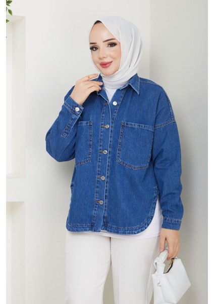 Kadın Oversize Mavi Denim Kot Gömlek Ceket -PMK374