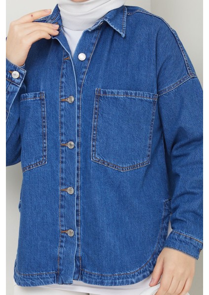 Kadın Oversize Mavi Denim Kot Gömlek Ceket -PMK374