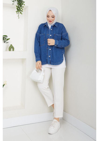 Kadın Oversize Mavi Denim Kot Gömlek Ceket -PMK374