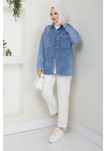 Kadın Oversize Mavi Denim Kot Gömlek Ceket -PMK374