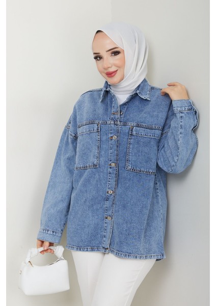 Kadın Oversize Mavi Denim Kot Gömlek Ceket -PMK374