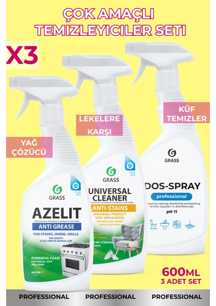 Temizlik 3 adet set "Azelit" Yağ Çözücü, "Universal Cleaner" Lekelere karşı, Dos Spray Küf temizler (600 ml x3)