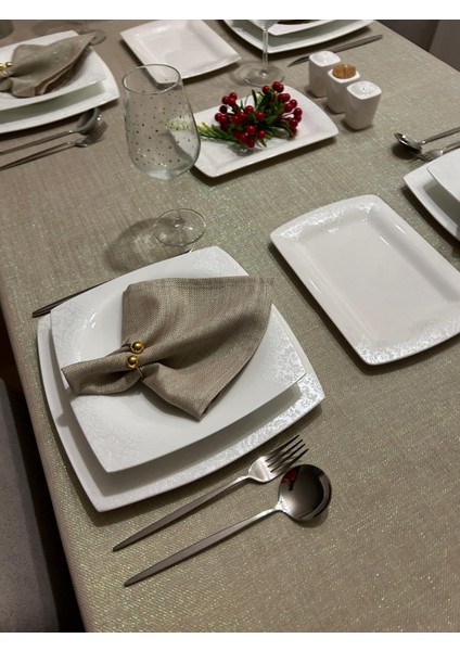 Polyester Keten Simli Oval Masa Örtüsü + 12 Ad Peçete