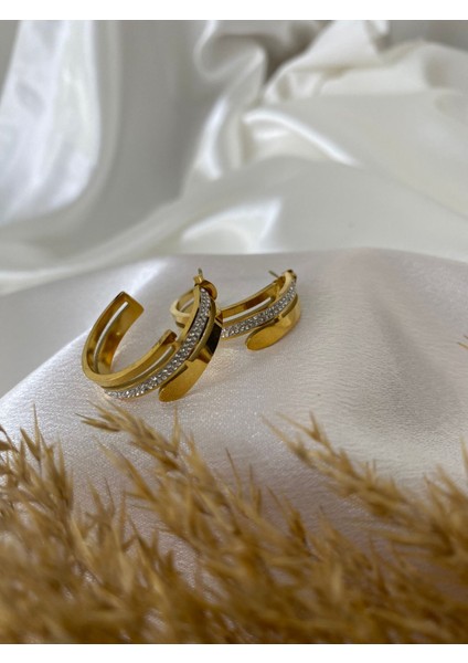 Zirkon Taşlı Gold Halka Çelik Küpe