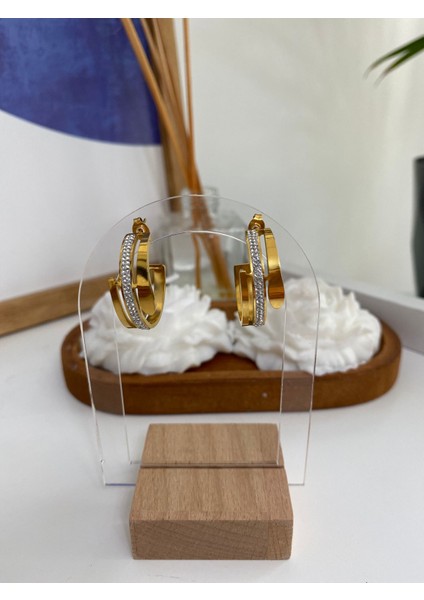 Zirkon Taşlı Gold Halka Çelik Küpe modelleri