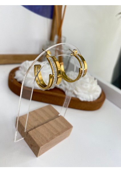 Zirkon Taşlı Gold Halka Çelik Küpe fırsatları