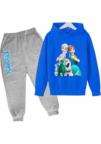 Özel Tasarım Kapüşonlu Elsa ve Arkadaşları Baskılı Şardonlu Kışlık Kız Çocuk Eşofman Takımı