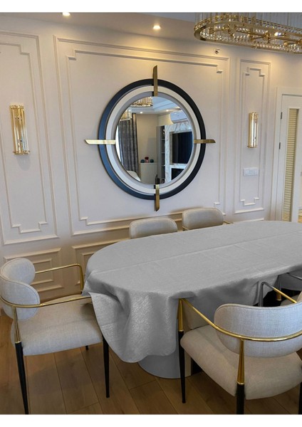 Polyester Keten Simli Oval Masa Örtüsü + 6 Ad Peçete