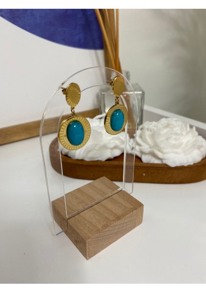 Oval Turkuaz Taşlı Çelik Küpe modelleri