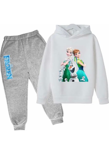 Özel Tasarım Kapüşonlu Elsa ve Arkadaşları Baskılı Şardonlu Kışlık Kız Çocuk Eşofman Takımı