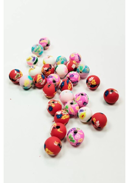 30 Adet 10 mm Polimer Kil Fimo Boncuk Takı Bileklik + 1 Metre Lastikli Misina - Desenli Yuvarlak fiyatları