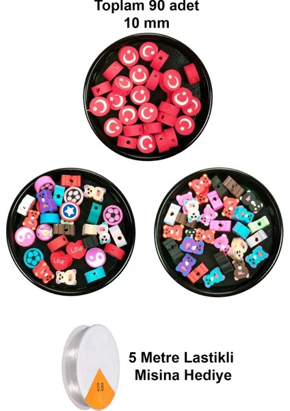 90 Adet 10 mm Polimer Kil Fimo Boncuk Takı Bileklik + 5 Metre Misina - Karışık - Bayrak - Ayıcık