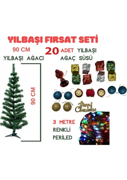 Yılbaşı Paketi 90 cm Yılbaşı Ağacı, 13 Adet Yılbaşı Süsü, 3 Metre Renkli Peri LED Seti