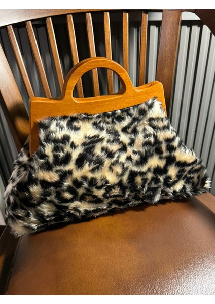 Cassiel - Leopar, Leopar Çanta, Ahşap Burslu Portföy Çanta, Clutch, El Çantası, Kadın Çanta, Çanta