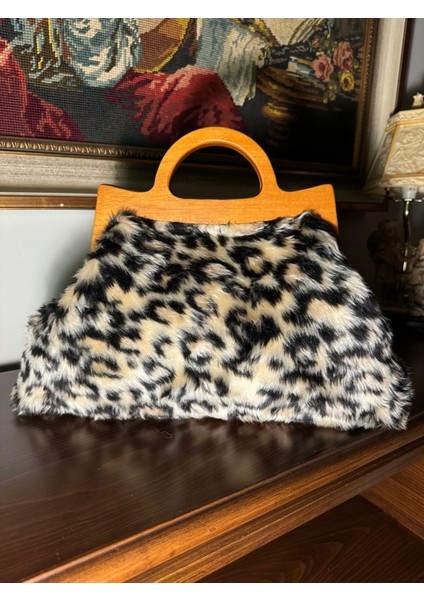 Cassiel - Leopar, Leopar Çanta, Ahşap Burslu Portföy Çanta, Clutch, El Çantası, Kadın Çanta, Çanta