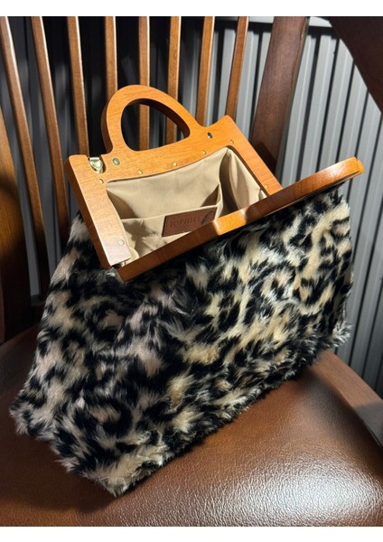 Cassiel - Leopar, Leopar Çanta, Ahşap Burslu Portföy Çanta, Clutch, El Çantası, Kadın Çanta, Çanta