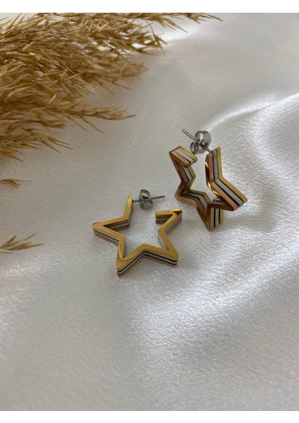 Üç Renk Yıldız Formlu Çelik Küpe