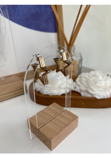 Üç Renk Yıldız Formlu Çelik Küpe modelleri