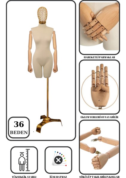 36 Beden Tel Kafalı Gold Ayaklı Pantolon Giyebilen Terzi Mankeni Vitrin Mankeni Prova Mankeni