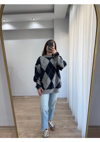 Gri Lacivert Baklava Desenli Kazak modelleri