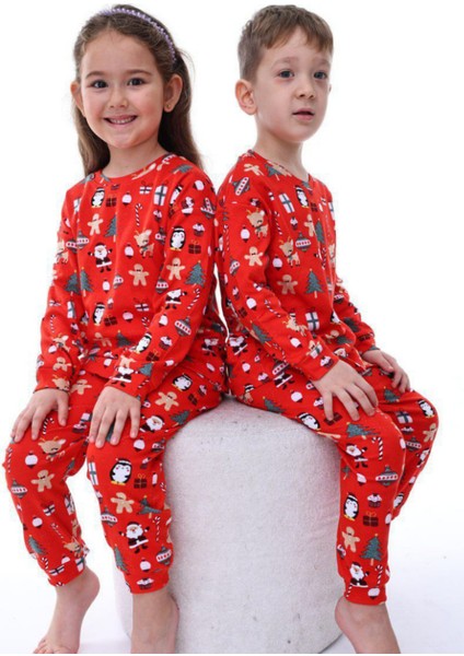 Yılbaşı Temalı Pamuk Unisex Çocuk Bisiklet Yaka Kırmızı Pijama Takımı