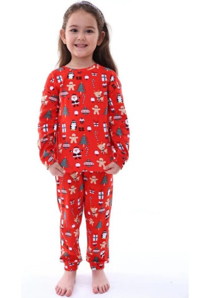 Yılbaşı Temalı Pamuk Unisex Çocuk Bisiklet Yaka Kırmızı Pijama Takımı