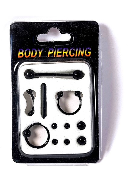 Siyah Piercing Seti Düz Kavisli Body Vücut Kaş Dudak Göbek Çelik Kıkırdak Helix Tragus Küpe Toplu