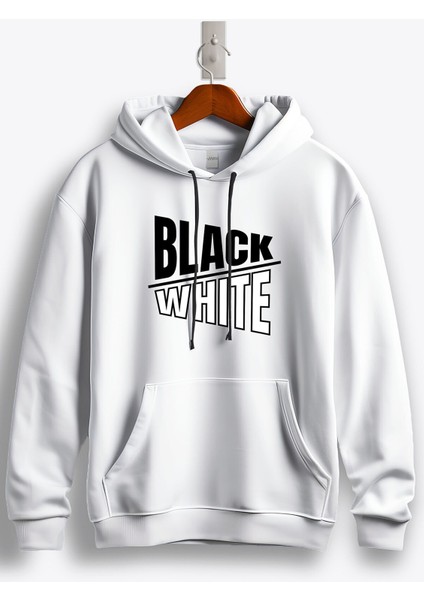 Black White Baskılı Kapüşonlu Sweatshirt