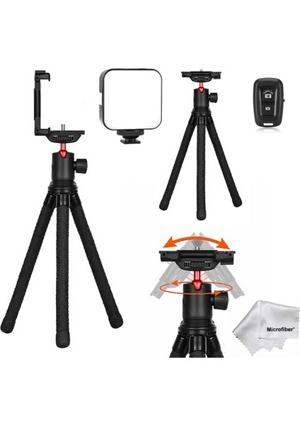 KT-660 Aynasız Fotograf Makinesi ve Telefon Uyumlu Ahtapot Esnek Tripod + Mini 49 LED Işık