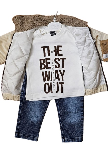 Kadife Çocuk Montu Kot Pantolon Sweat Shirt Takımı