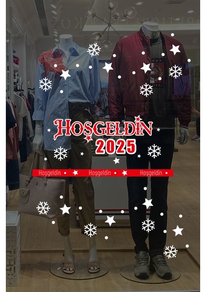 Tekno Trust Detaylı Hoşgeldin 2025 Yazısı Kar Taneleri ve Yılbaşı Vitrin Stickerları 70X70CM