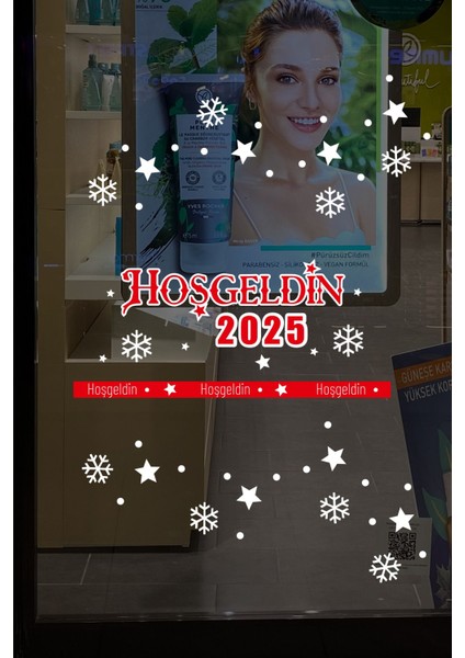 Tekno Trust Detaylı Hoşgeldin 2025 Yazısı Kar Taneleri ve Yılbaşı Vitrin Stickerları 70X70CM