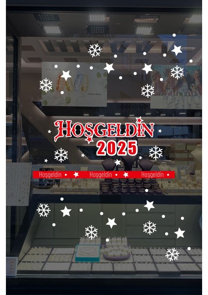Tekno Trust Detaylı Hoşgeldin 2025 Yazısı Kar Taneleri ve Yılbaşı Vitrin Stickerları 70X70CM