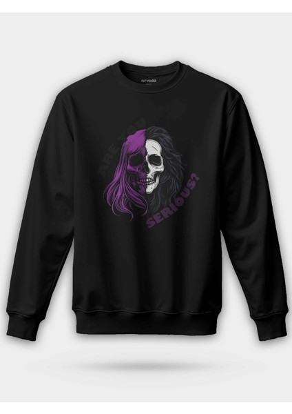 Are You Serious Yazılı Kurukafa Baskılı Bisiklet Yaka Oversize Sweatshirt