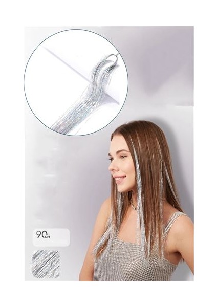 Saç Simi Gümüş Işıltılı Hologram 90 cm Hair Tinsel 720853